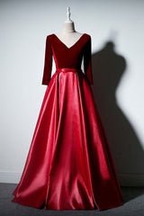 Simple A Line Velvet Formal Dress Long Sleeves Burgundy Evening Dress