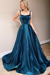 Simple Backless Satin Blue Prom Dress Long Formal Evening Dress