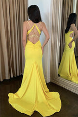 Simple Backless Satin Yellow Prom Dress Long Formal Evening Dress