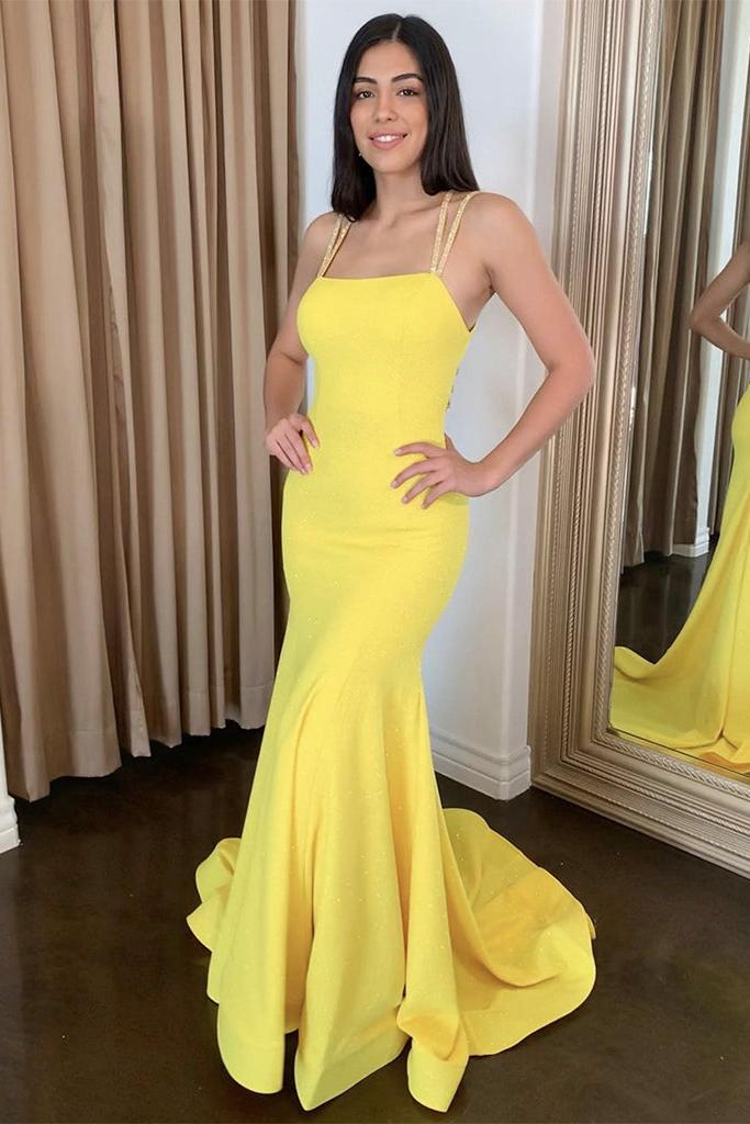 Simple Backless Satin Yellow Prom Dress Long Formal Evening Dress