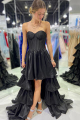 Simple Black Homecoming Dresses A-Line Corset Sweetheart High Low Tiered Cocktail Dresses