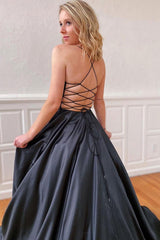 Simple Black Prom Dress V Neck Satin Long Formal Gown Evening Dress