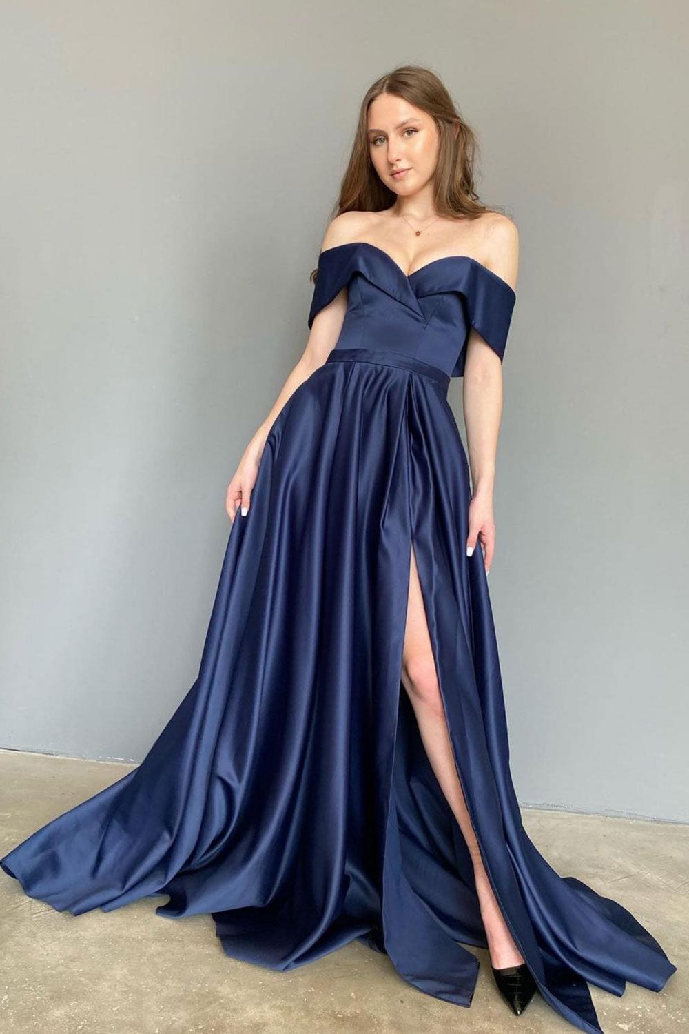 Simple Blue Prom Dress Off the Shoulder Satin Long Formal Evening Dress