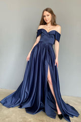 Simple Blue Prom Dress Off the Shoulder Satin Long Formal Evening Dress