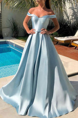 Simple Blue Prom Dress Off the Shoulder Satin Long Formal Gown Evening Dress