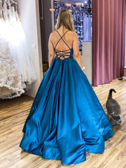 Simple Blue Prom Dress Satin Backless Long Evening Dress