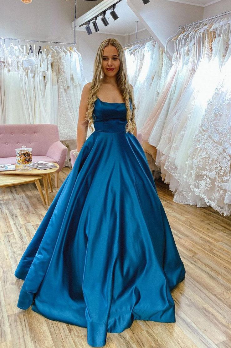 Simple Blue Prom Dress Satin Backless Long Evening Dress