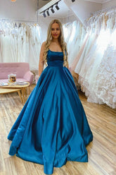 Simple Blue Prom Dress Satin Backless Long Evening Dress