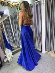 Simple Blue Prom Dress Satin Long Evening Dress