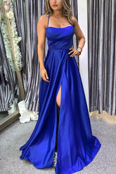 Simple Blue Prom Dress Satin Long Evening Dress