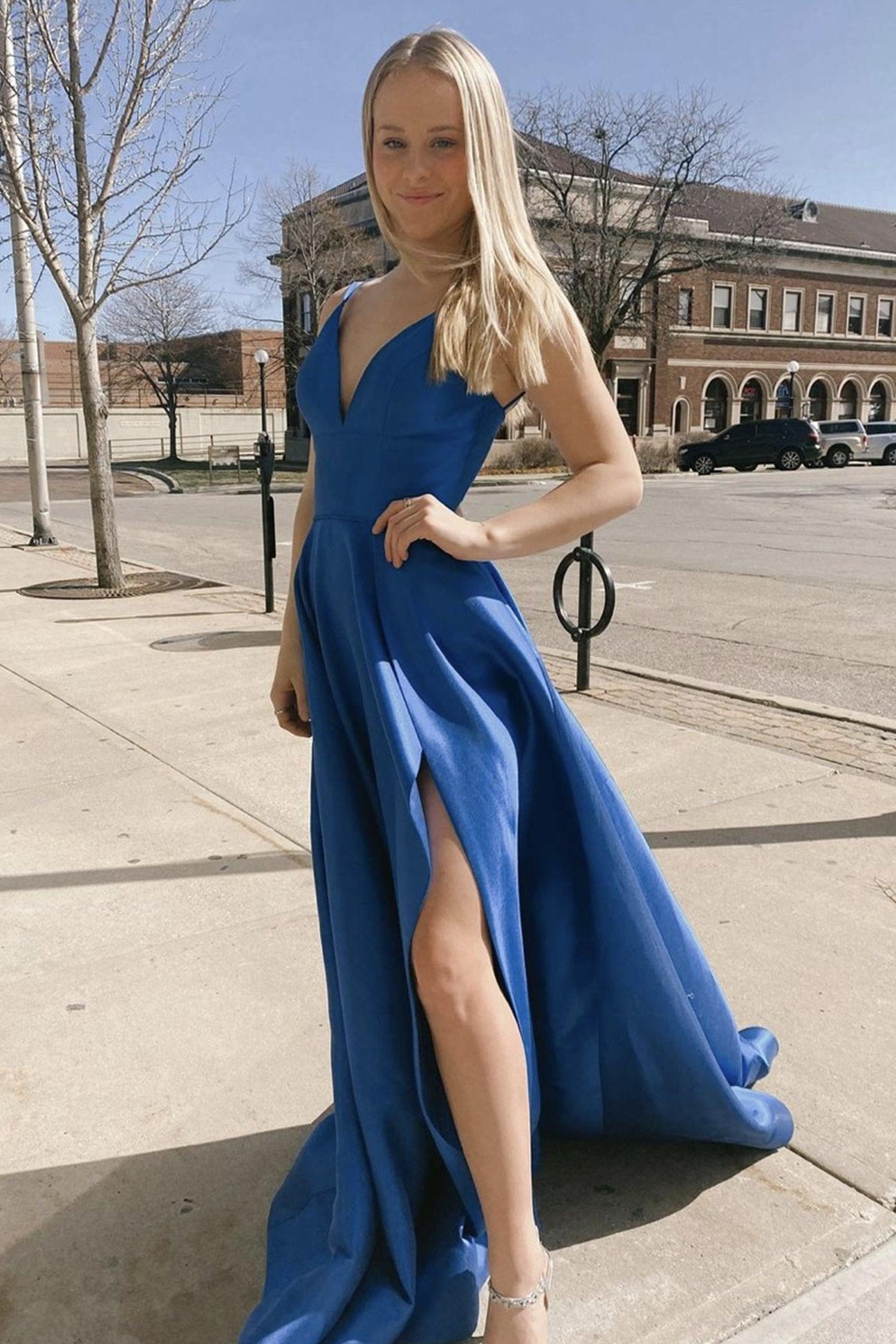Simple Blue Prom Dress Satin Long Formal Gown Evening Dress