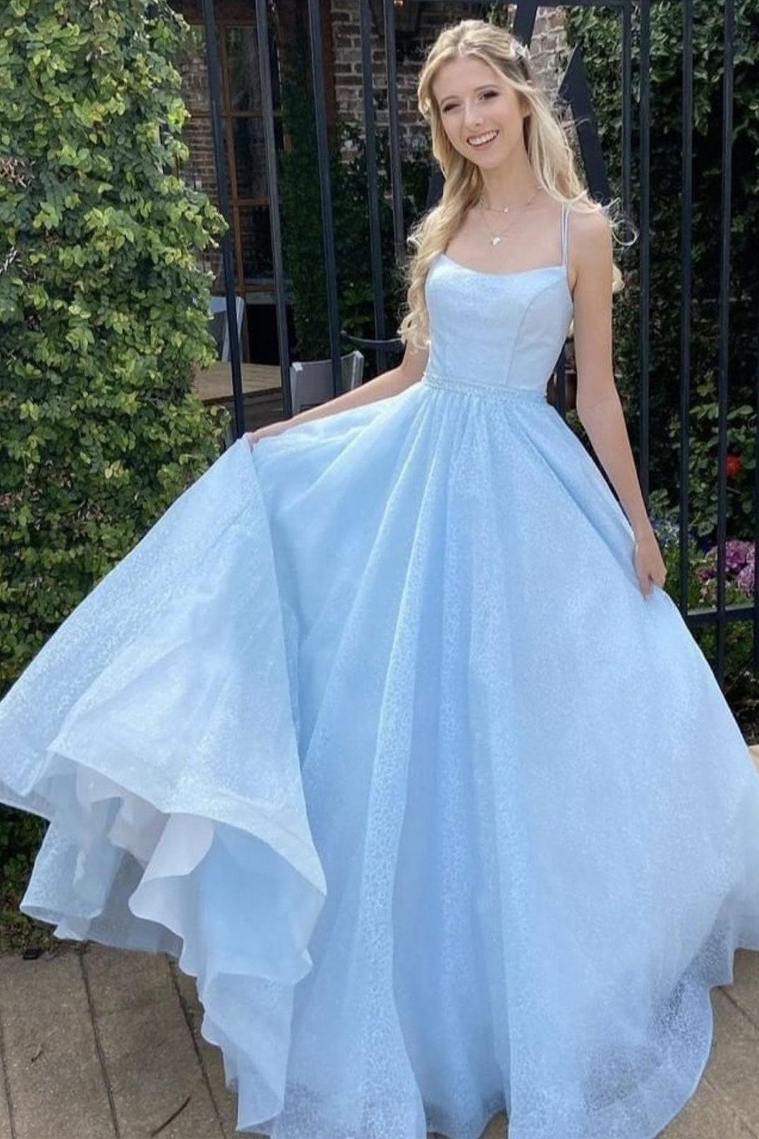 Simple Blue Prom Dress Tulle Sequin Long Formal Evening Dress