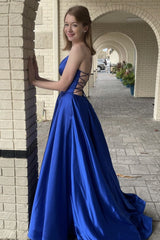 Simple Blue Prom Dress V Neck Satin Long Formal Evening Dress