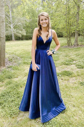 Simple Blue Prom Dress V Neck Satin Long Formal Evening Dress