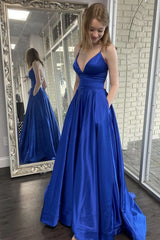 Simple Blue Prom Dress V Neck Satin Long Formal Evening Dress