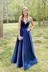 Simple Blue Prom Dress V Neck Satin Long Formal Evening Dress