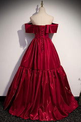 Simple Burgundy Prom Dress Off the Shoulder Satin Long Formal Evening Dress