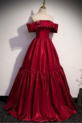 Simple Burgundy Prom Dress Off the Shoulder Satin Long Formal Evening Dress