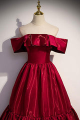 Simple Burgundy Prom Dress Off the Shoulder Satin Long Formal Evening Dress