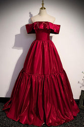 Simple Burgundy Prom Dress Off the Shoulder Satin Long Formal Evening Dress