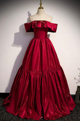 Simple Burgundy Prom Dress Off the Shoulder Satin Long Formal Evening Dress