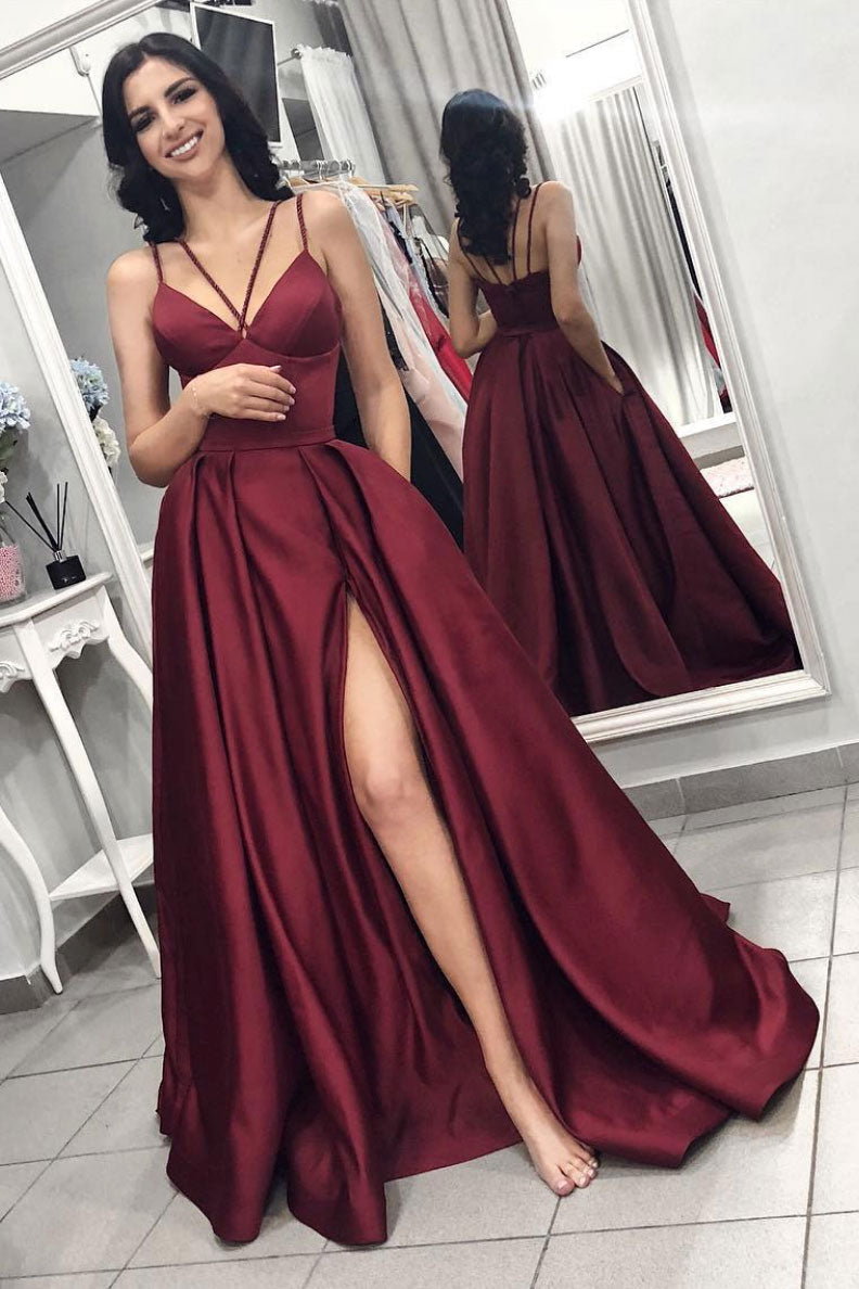 Simple Burgundy Prom Dress Satin Long Formal Gown Evening Dress