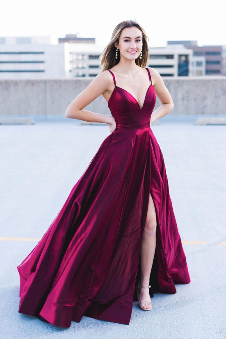 Simple Burgundy Prom Dress Satin Long Formal Gown Evening Dress