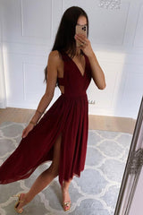 Simple Burgundy Prom Dress V Neck Chiffon High Low Evening Dress