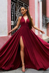 Simple Burgundy Prom Dress V Neck Long Formal Evening Dress