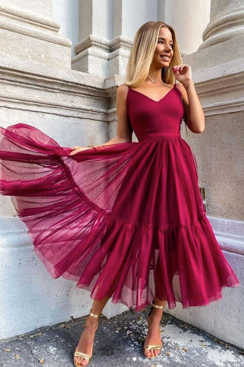Simple Burgundy Prom Dress V Neck Tulle Formal Evening Dress