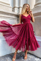Simple Burgundy Prom Dress V Neck Tulle Formal Evening Dress