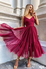 Simple Burgundy Prom Dress V Neck Tulle Formal Evening Dress