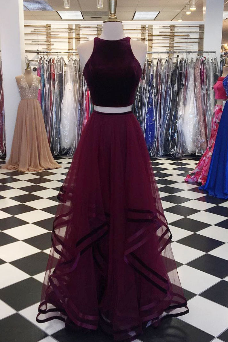 Simple Burgundy Velvet Formal Dress Two Pieces Long Evening Dress