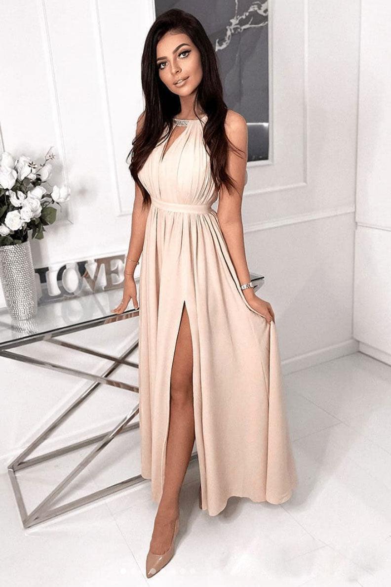 Simple Champagne Prom Dress Chiffon Long Formal Evening Dress