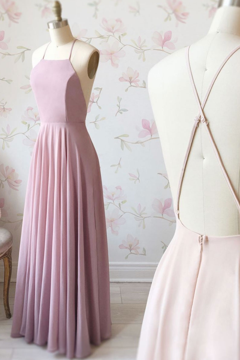 Simple Chiffon Bridesmaid Dress Pink Long Wedding Party Evening Dress