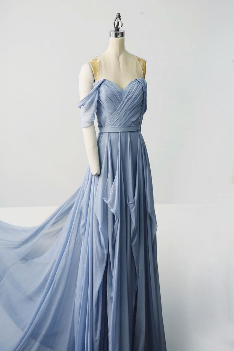 Simple Chiffon Gray Blue Prom Dress Long Formal Evening Dress