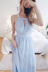 Simple Crew Neck Chiffon Blue Prom Dress Long Formal Evening Dress