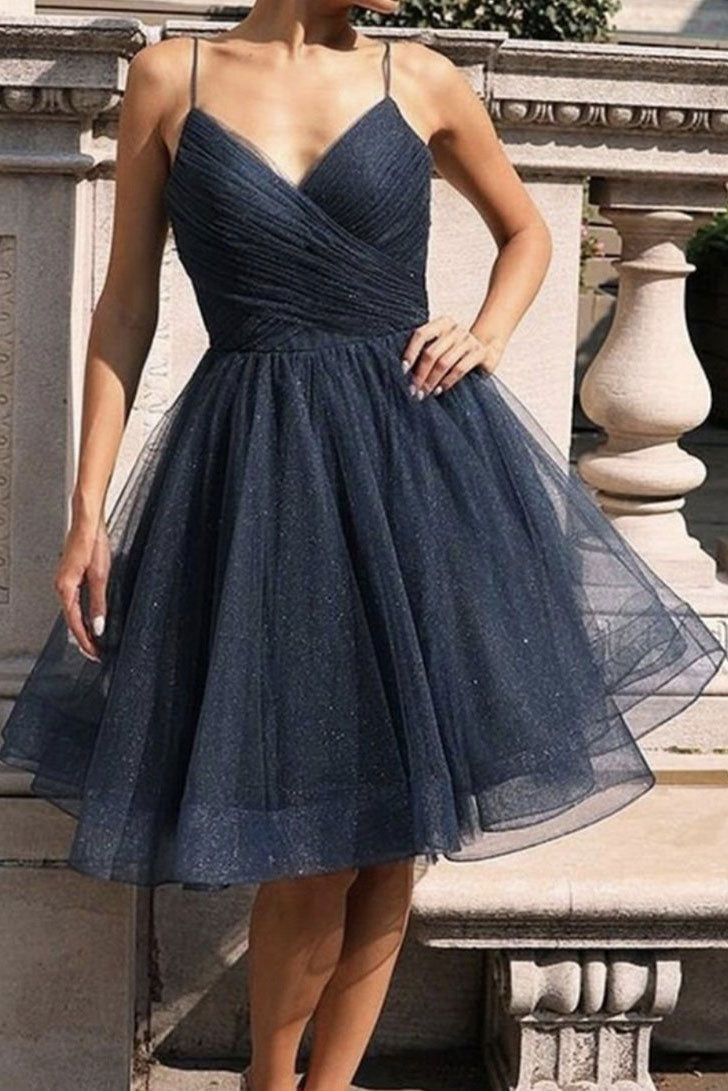 Simple Dark Blue Homecoming Dress Tulle Short Prom Dress