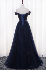 Simple Dark Blue Prom Dress Tulle Long Formal Evening Dress