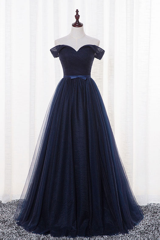 Simple Dark Blue Prom Dress Tulle Long Formal Evening Dress