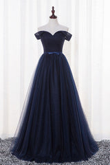 Simple Dark Blue Prom Dress Tulle Long Formal Evening Dress