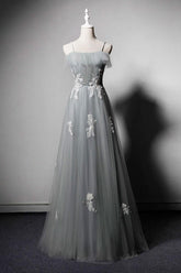Simple Gray Prom Dress Tulle Lace Long Formal Dress Evening Dress