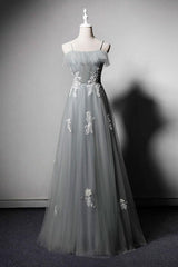 Simple Gray Prom Dress Tulle Lace Long Formal Dress Evening Dress