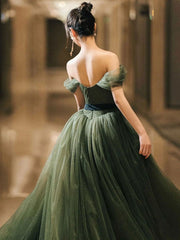 Simple Green Prom Dress A Line Tulle Off the Shoulder Long Evening Dress
