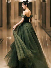Simple Green Prom Dress A Line Tulle Off the Shoulder Long Evening Dress