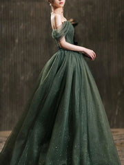 Simple Green Prom Dress A Line Tulle Off the Shoulder Long Evening Dress