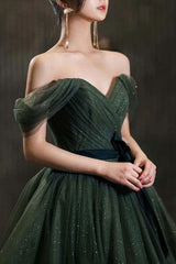 Simple Green Prom Dress A Line Tulle Off the Shoulder Long Evening Dress