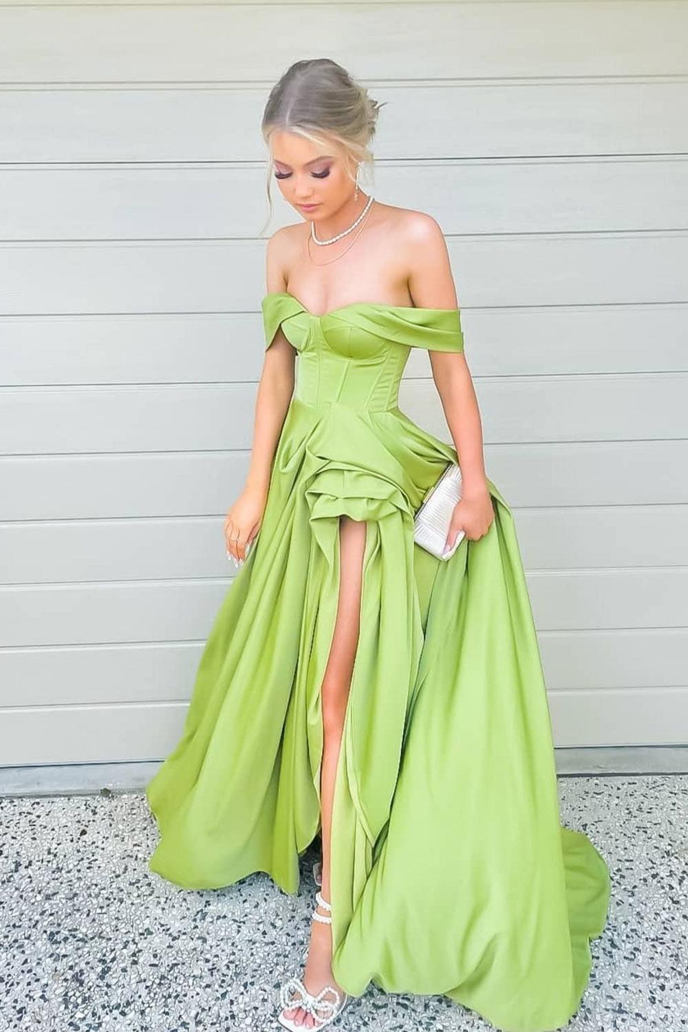 Simple Green Prom Dress Off the Shoulder Satin Long Formal Gown Evening Dress