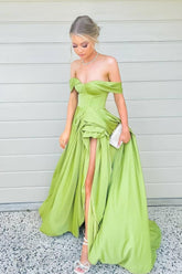 Simple Green Prom Dress Off the Shoulder Satin Long Formal Gown Evening Dress