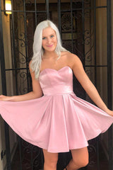 Simple Homecoming Dress A Line Strapless Girly pink Short Party Cocktail Dress